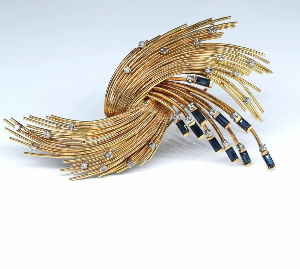 Broche vintage or jaune diamants saphirs