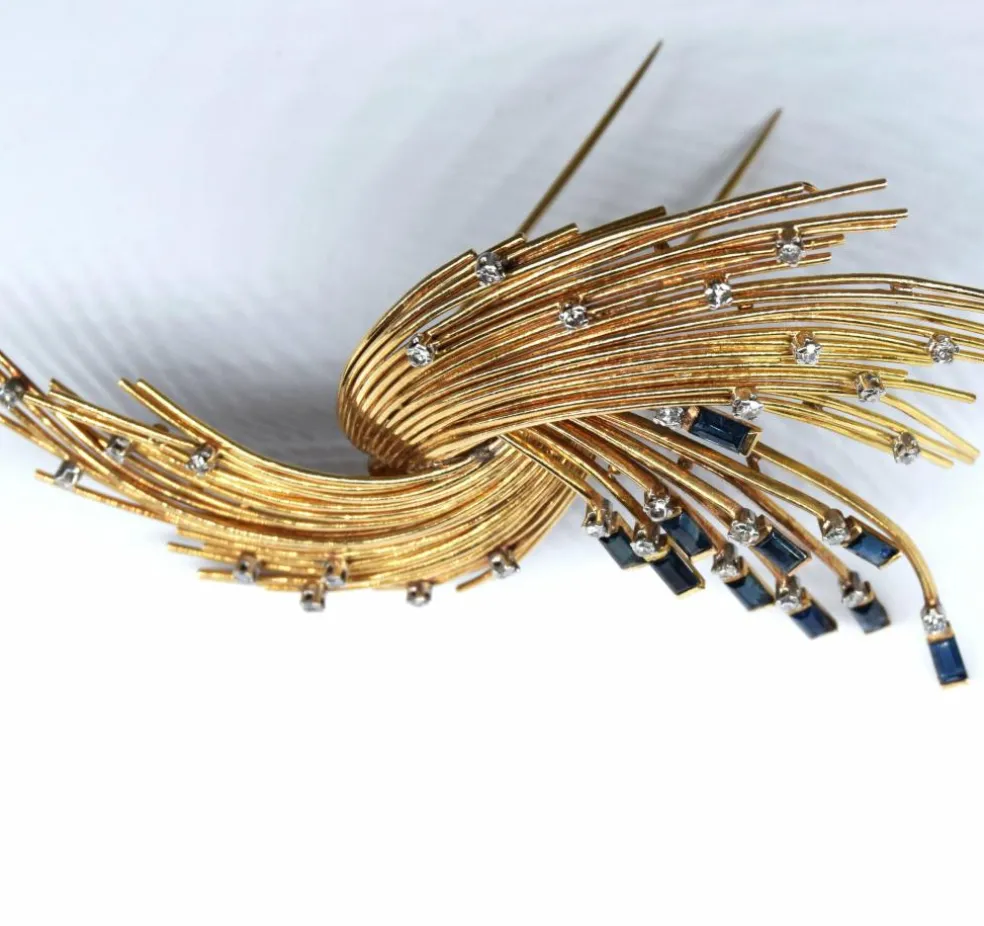 Broche vintage or jaune diamants saphirs