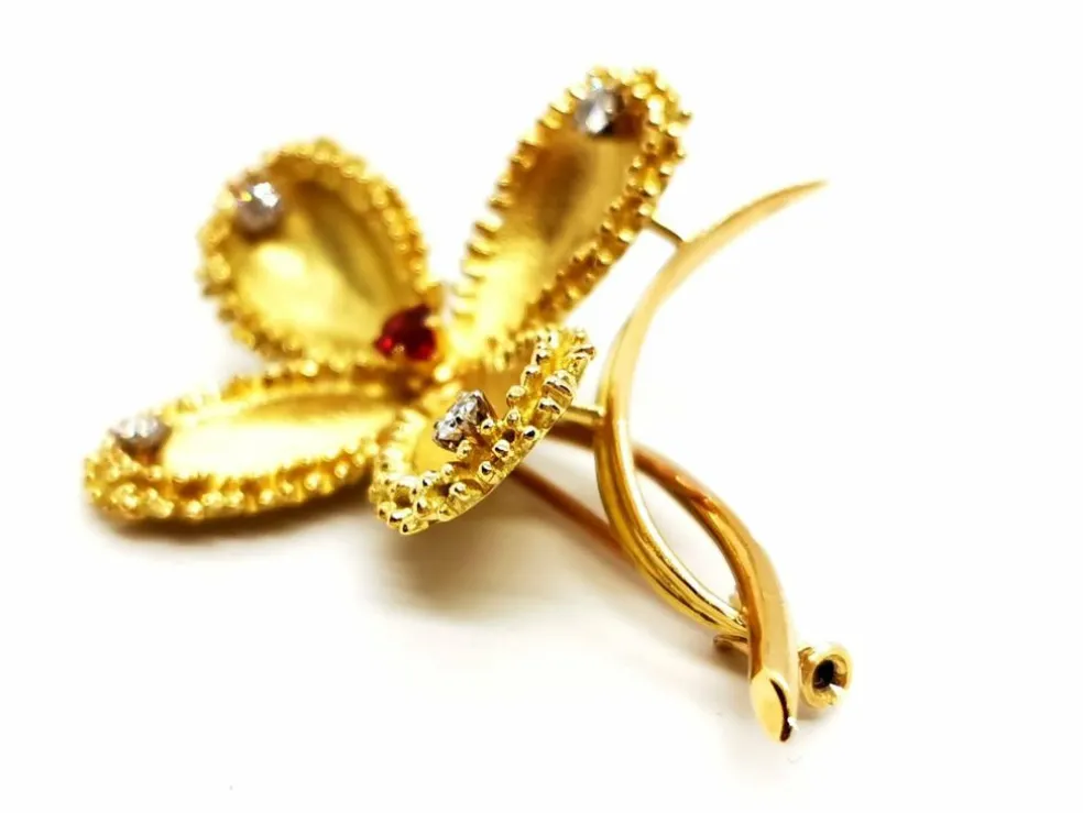 Broche Vintage Or jaune Rubis, Diamant