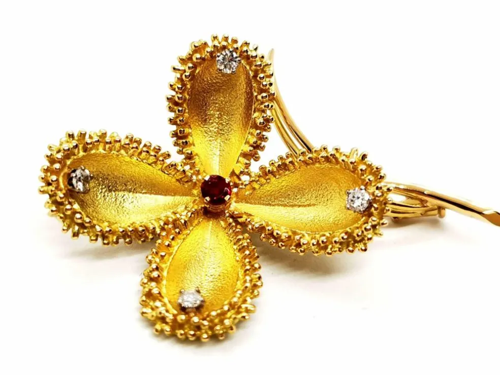 Broche Vintage Or jaune Rubis, Diamant