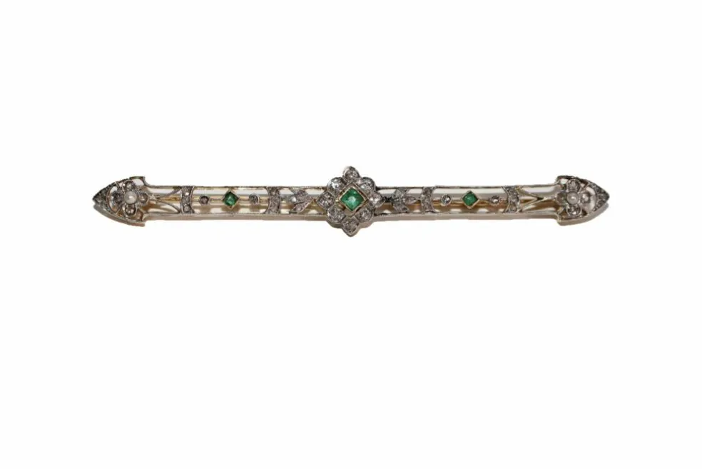 Broche-barrette Art Déco émeraudes, Perles, Diamants
