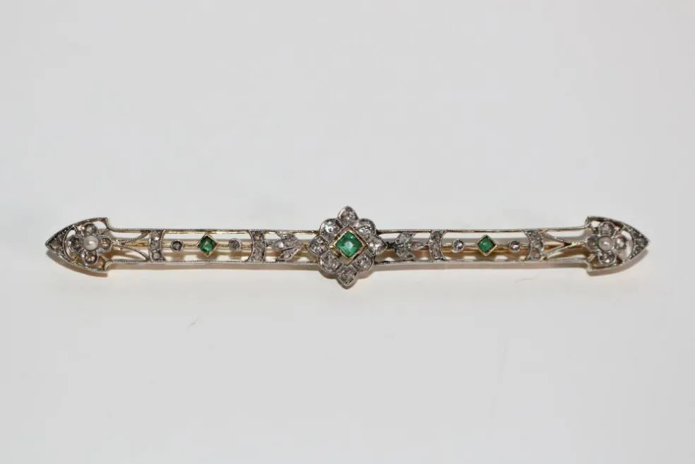 Broche-barrette Art Déco émeraudes, Perles, Diamants