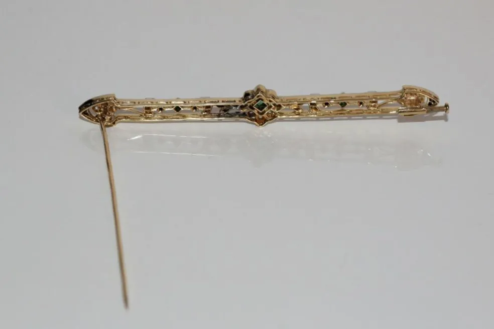 Broche-barrette Art Déco émeraudes, Perles, Diamants