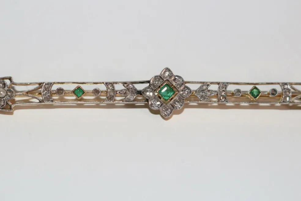 Broche-barrette Art Déco émeraudes, Perles, Diamants