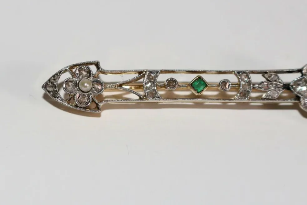 Broche-barrette Art Déco émeraudes, Perles, Diamants