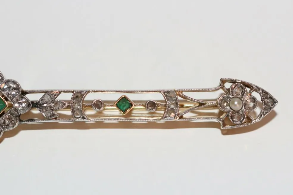 Broche-barrette Art Déco émeraudes, Perles, Diamants