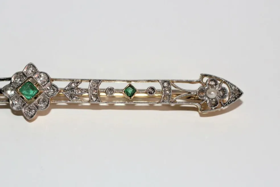 Broche-barrette Art Déco émeraudes, Perles, Diamants