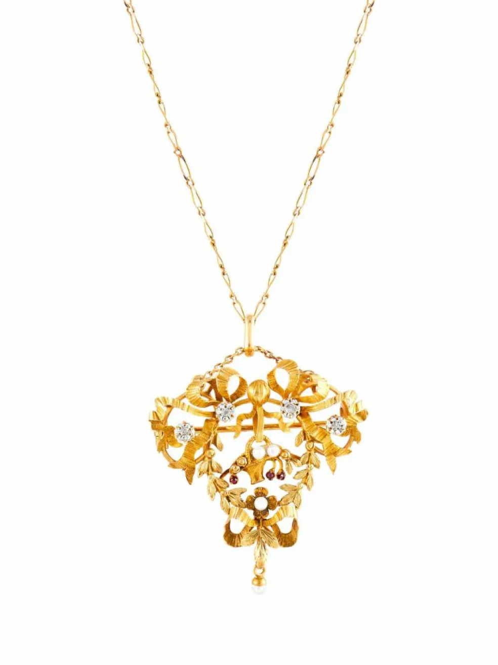 Broche-pendentif Art Nouveau Diamants, Rubis, Perles
