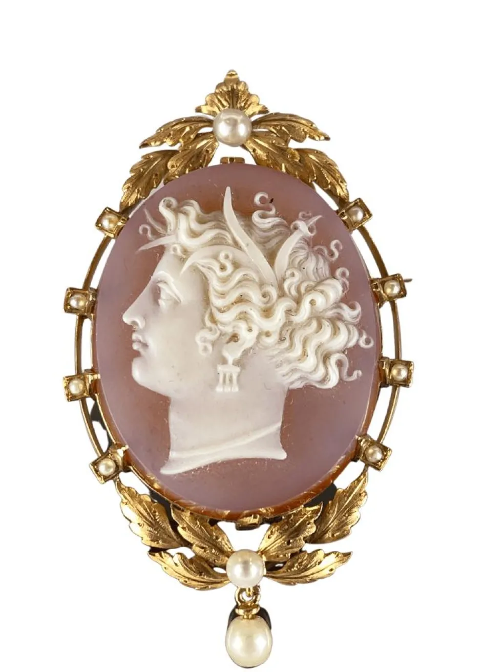 Broche/pendentif camée en agate, perles fines