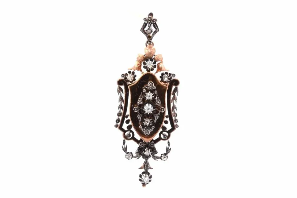 Broche-pendentif 19e diamants en or rose