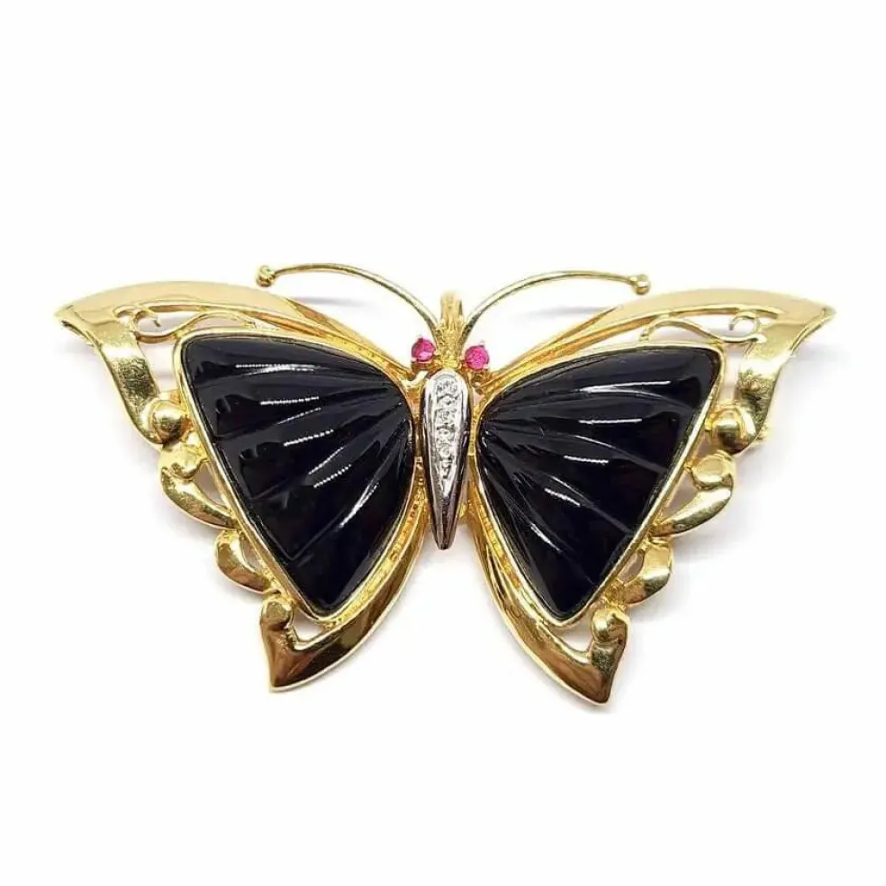 Broche/pendentif papillon Rubis, Diamants et Onyx