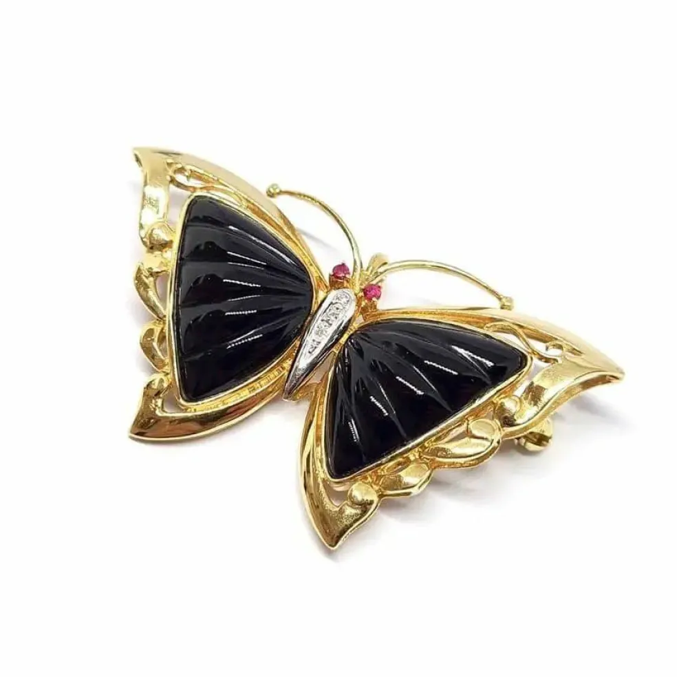 Broche/pendentif papillon Rubis, Diamants et Onyx
