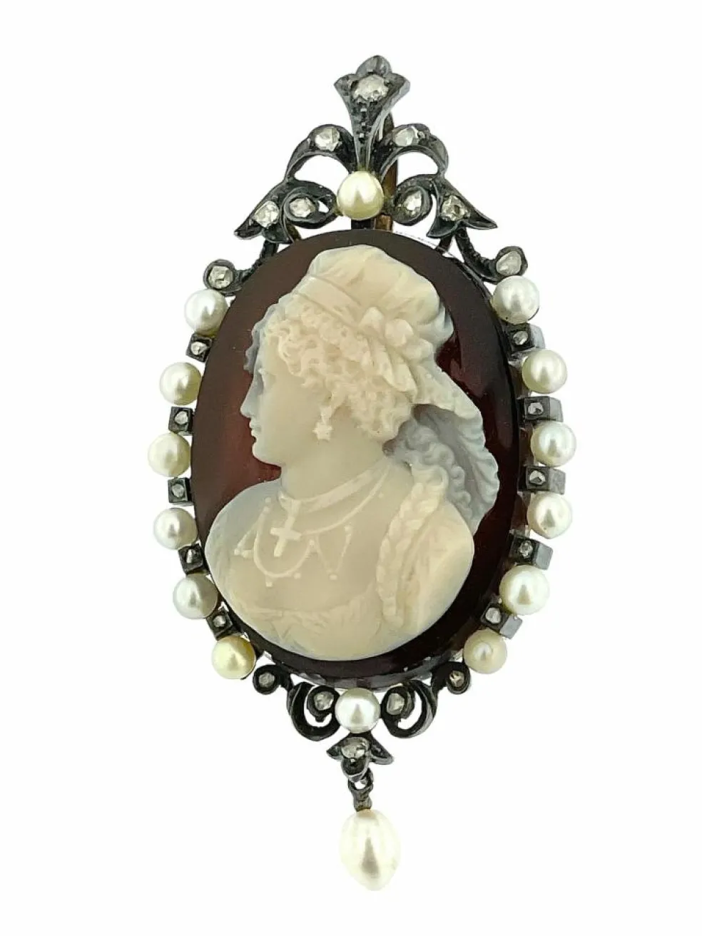 Camée victorienne or blanc argent perles et diamants
