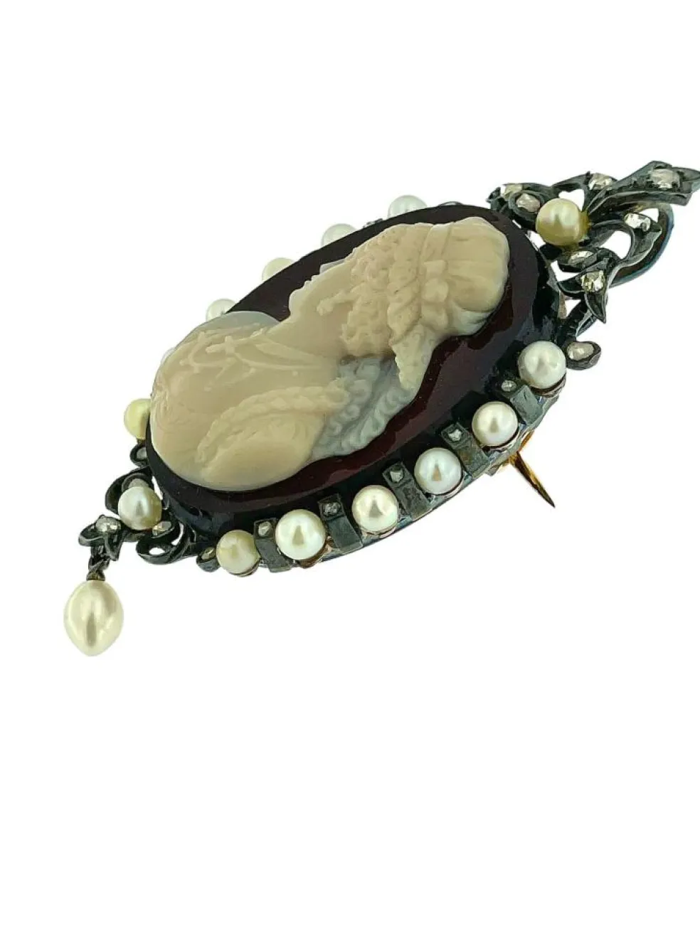 Camée victorienne or blanc argent perles et diamants