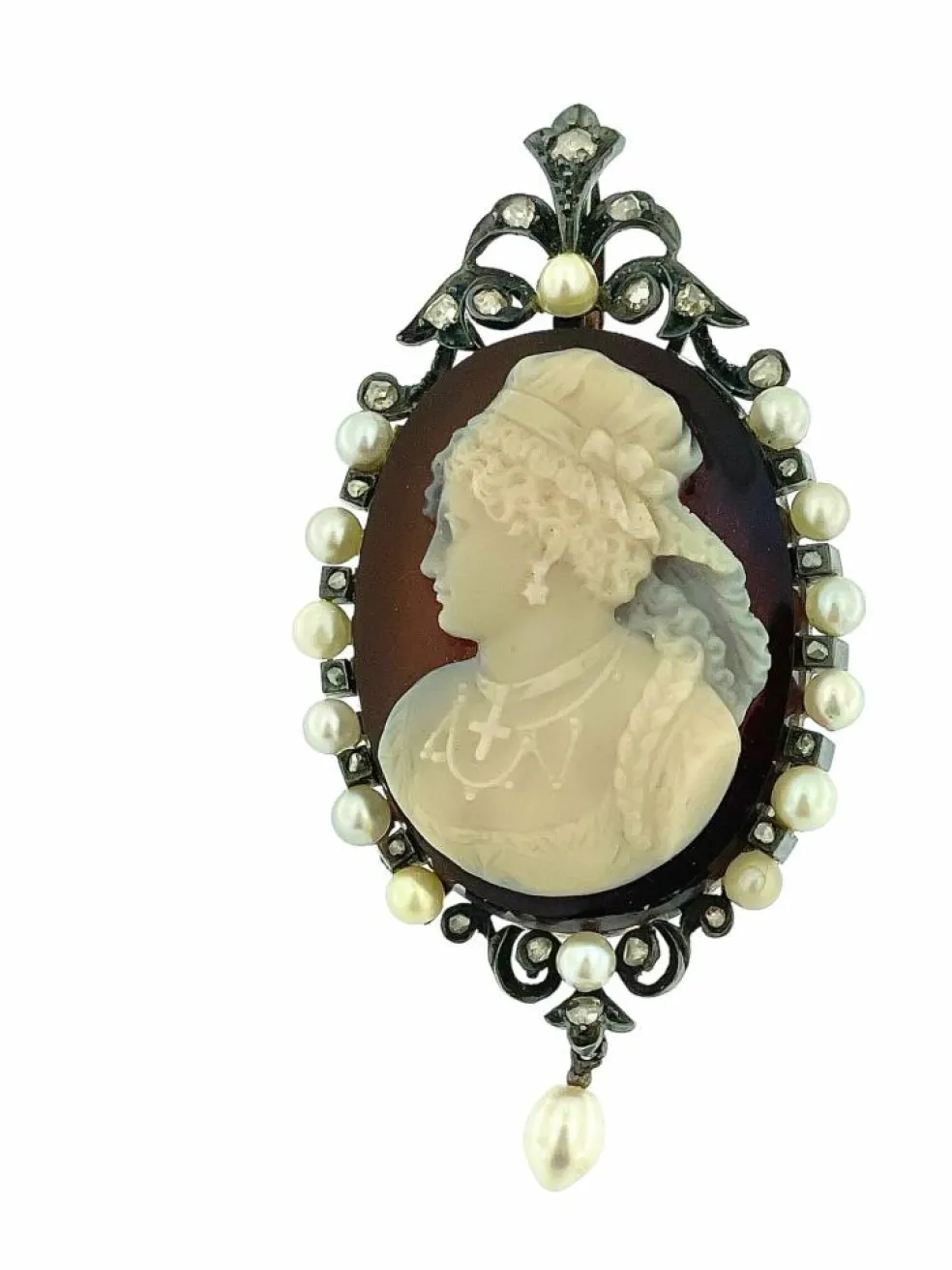 Camée victorienne or blanc argent perles et diamants