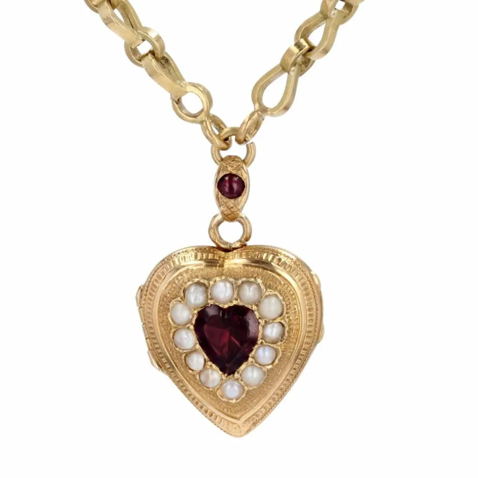 Chaine ancienne et son médaillon en forme de cur grenats et perles fines