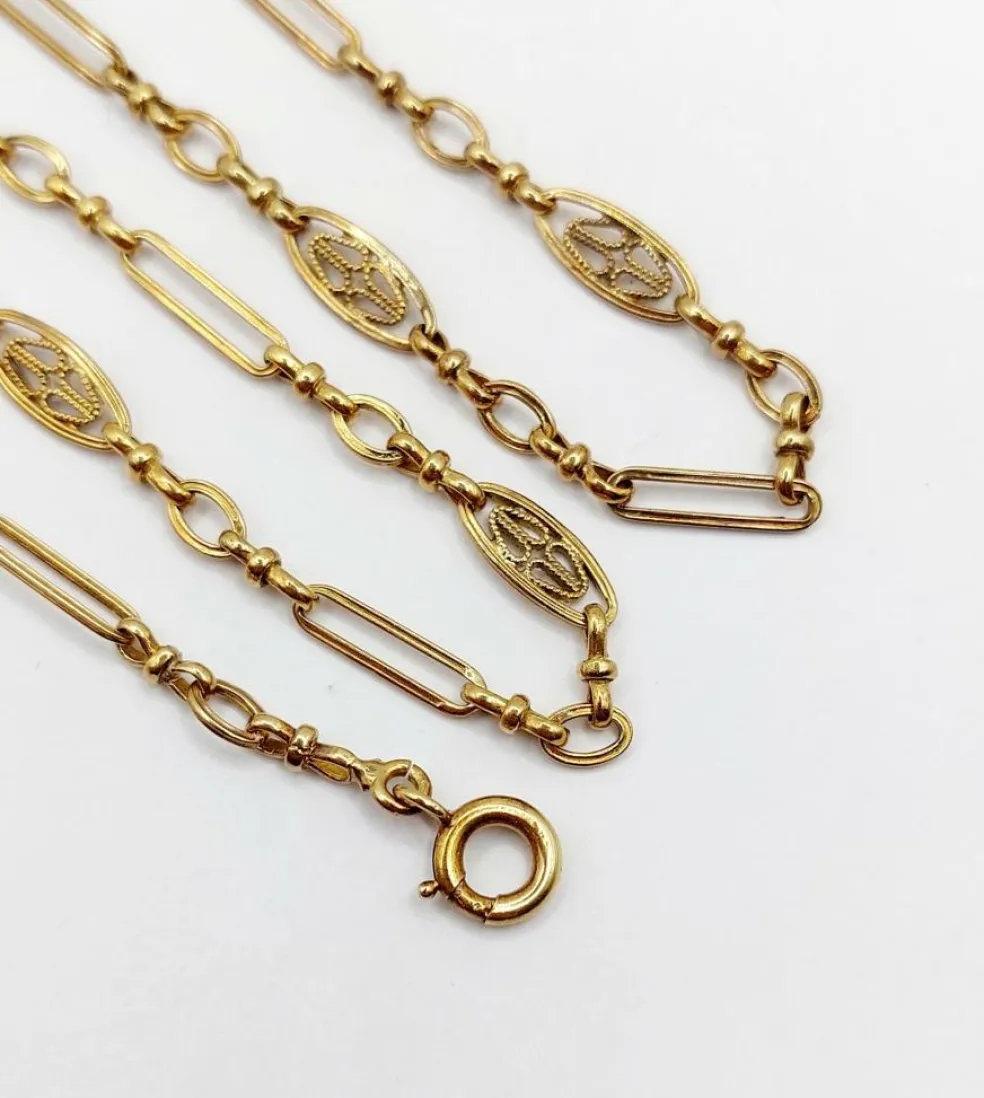 Chaine sautoir Art Nouveau or jaune à maille filigranées 44cm (circa 1900)