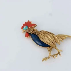 Champagnat - Broche coq, corail et lapis lazuli