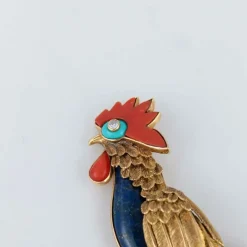 Champagnat - Broche coq, corail et lapis lazuli