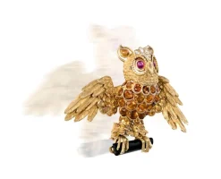 CHAMPAGNAT broche en or jaune stylisant un hibou, travail français vers 1960