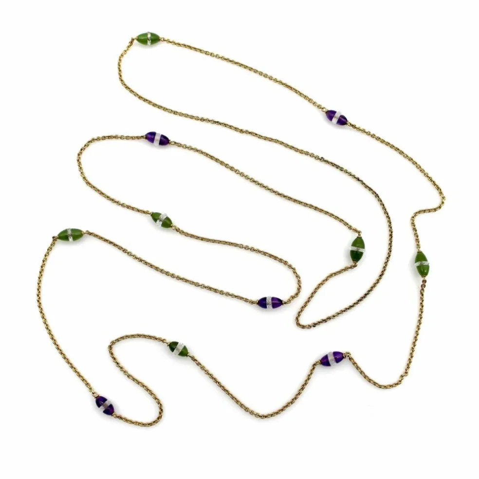 Chaîne de station victorienne en or 14 carats, améthyste, néphrite, jade et cristal de roche