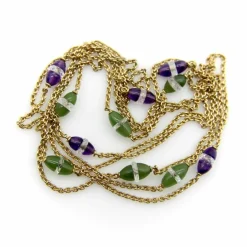 Chaîne de station victorienne en or 14 carats, améthyste, néphrite, jade et cristal de roche