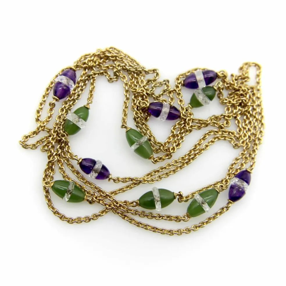 Chaîne de station victorienne en or 14 carats, améthyste, néphrite, jade et cristal de roche