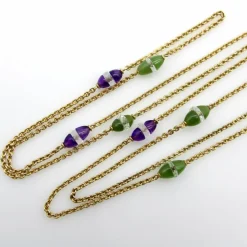 Chaîne de station victorienne en or 14 carats, améthyste, néphrite, jade et cristal de roche