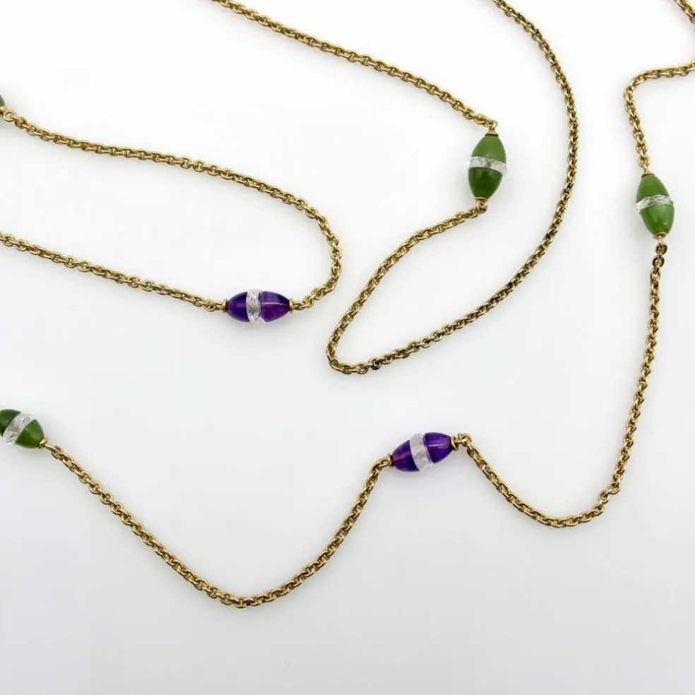 Chaîne de station victorienne en or 14 carats, améthyste, néphrite, jade et cristal de roche