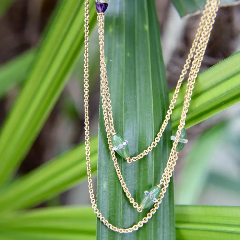 Chaîne de station victorienne en or 14 carats, améthyste, néphrite, jade et cristal de roche