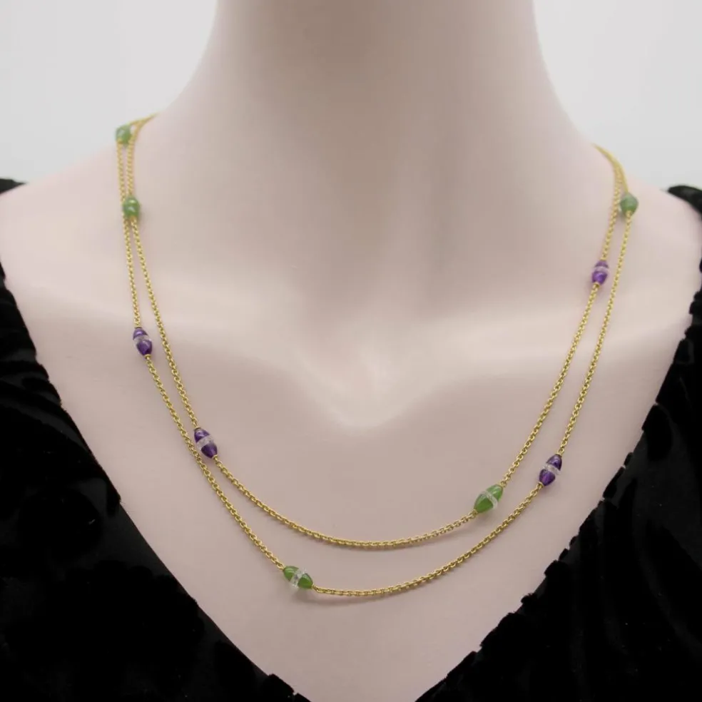 Chaîne de station victorienne en or 14 carats, améthyste, néphrite, jade et cristal de roche