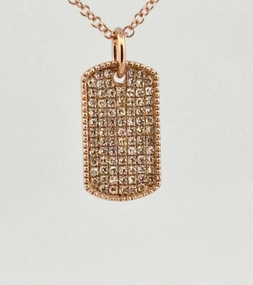 Chaîne et pendentif plaque GI or rose et diamants