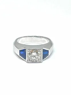 Chevalière or blanc diamant 0,92 carat saphirs synthétiques