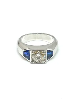Chevalière or blanc diamant 0,92 carat saphirs synthétiques
