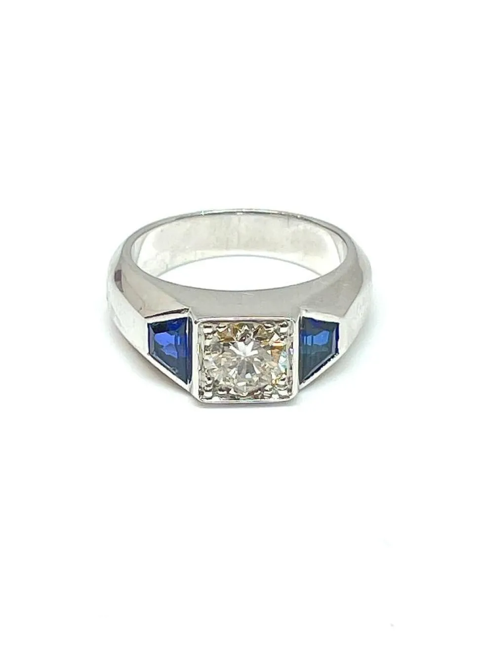 Chevalière or blanc diamant 0,92 carat saphirs synthétiques