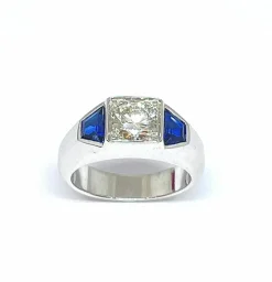 Chevalière or blanc diamant 0,92 carat saphirs synthétiques