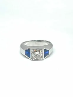 Chevalière or blanc diamant 0,92 carat saphirs synthétiques