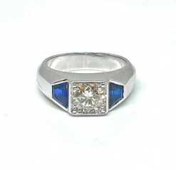 Chevalière or blanc diamant 0,92 carat saphirs synthétiques