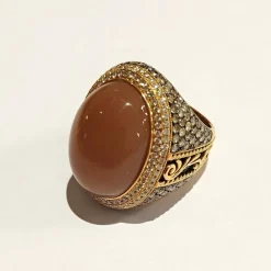 Chevalière or rose aventurine diamants