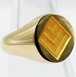 Chevalière vintage or jaune 18k armoiries française blason géométrique, sceau