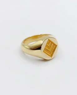 Chevalière vintage or jaune 18k armoiries française blason géométrique, sceau