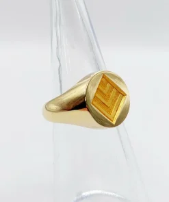 Chevalière vintage or jaune 18k armoiries française blason géométrique, sceau