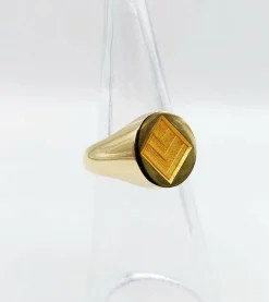 Chevalière vintage or jaune 18k armoiries française blason géométrique, sceau