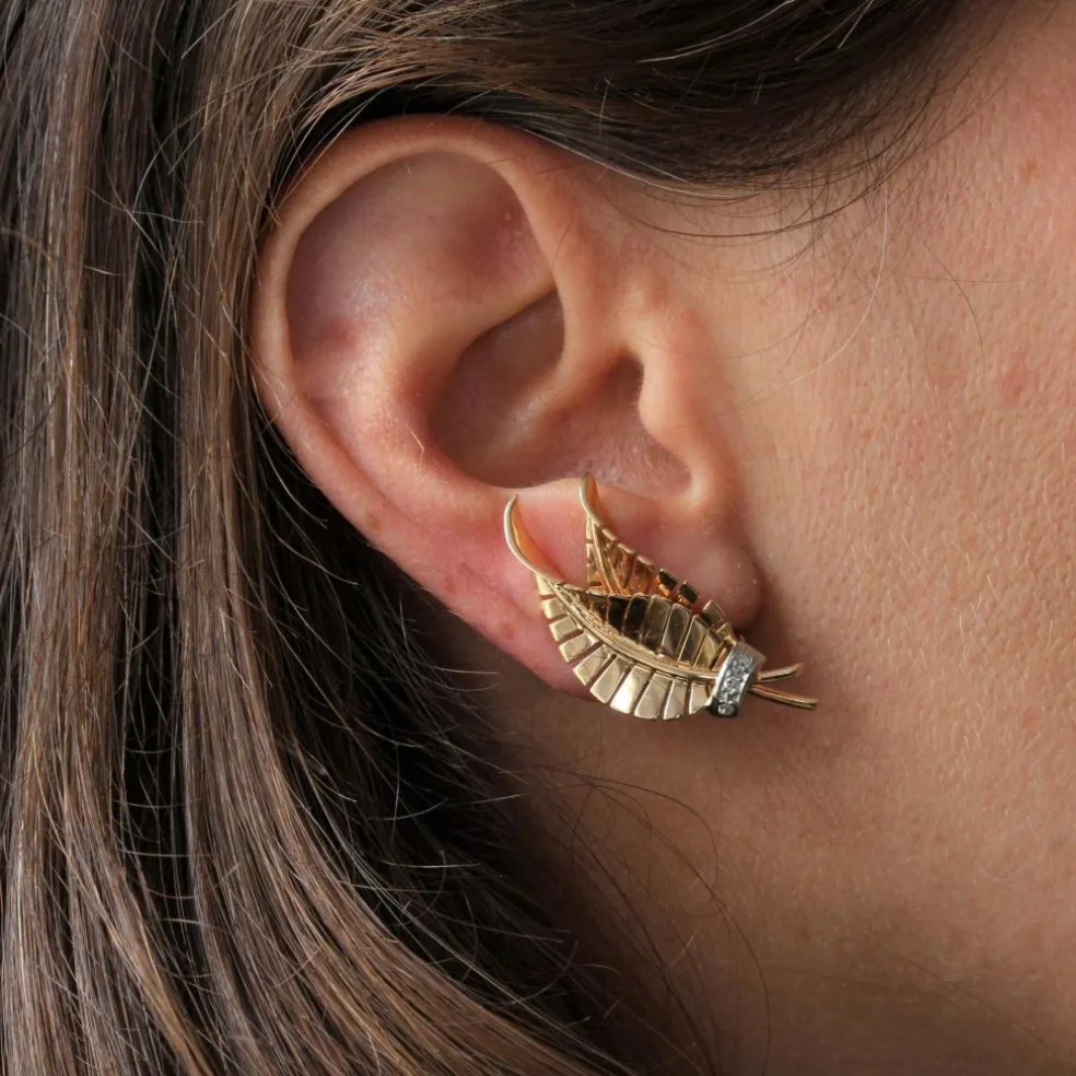 Clips d'oreilles anciens feuilles diamants