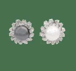 Clips d'oreilles perles de culture blanche et grises, diamants taille navette