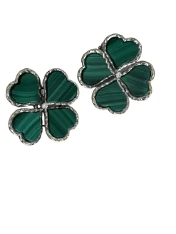 Clips d'Oreilles Trèfles Or Gris Malachite Diamants