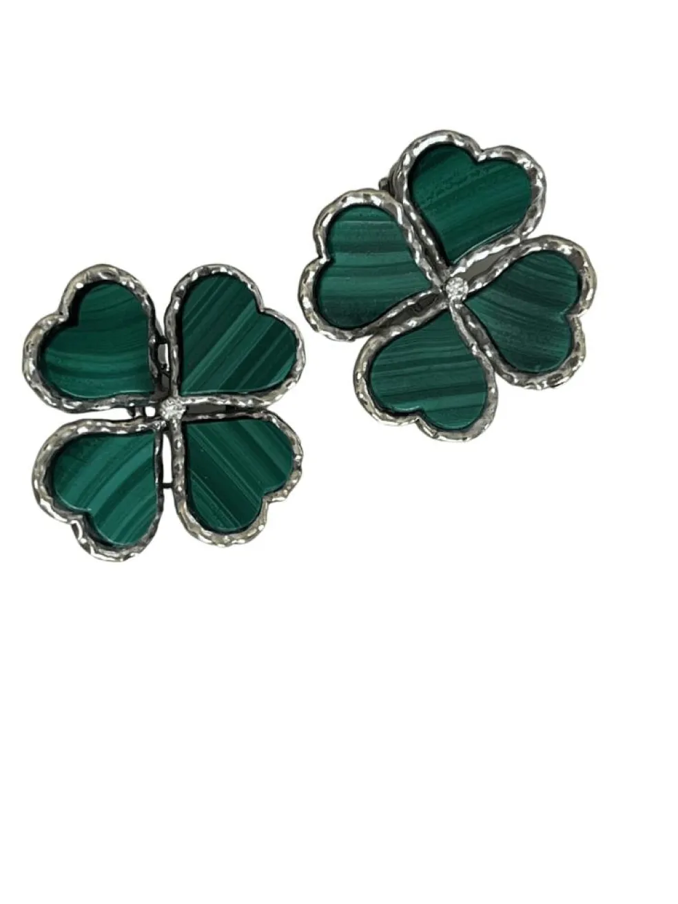 Clips d'Oreilles Trèfles Or Gris Malachite Diamants