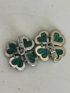 Clips d'Oreilles Trèfles Or Gris Malachite Diamants