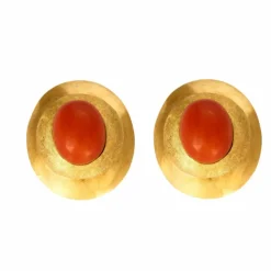 Clips d'oreilles Vintage en or jaune et corail cabochon