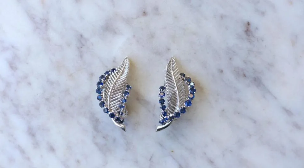 Clips Plume Or Blanc et Saphirs Années 60